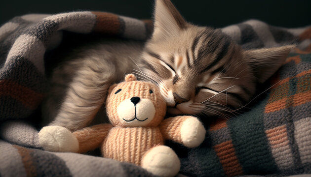 A kitten sleeping with a teddy bear. High quality photo