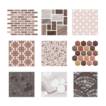 Pavement textures set, top view vector illustration. Cartoon isolated paved sidewalk collection with stones and rocks of different shapes, tiles for floor of natural paving material, geometric pattern