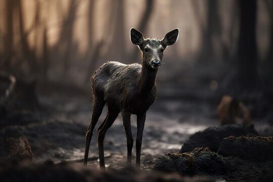 roe deer standing on scorched black earth in a fire-ravaged forest. Generative Ai