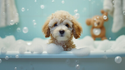 Baby puppy dog taking a bath full of soap foam created with generative AI technology