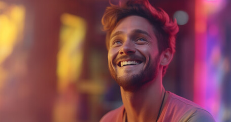 portrait of a person in a nightclub,lgbt, man, background, colors, contact making direct eye contact with the camera with a small warm smile, photorealistic, film still, 8K, warm lighting