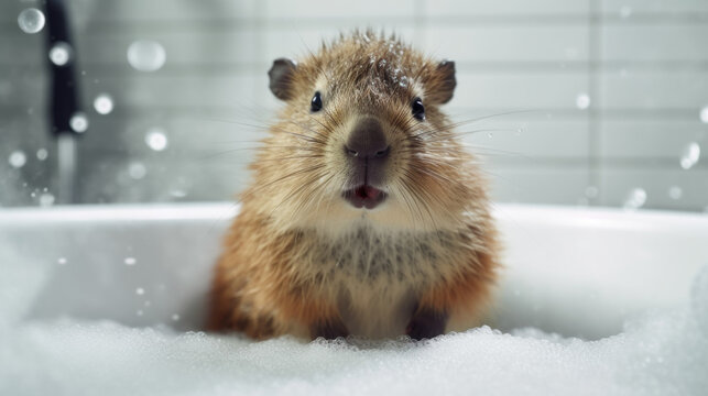 Baby capybara taking a bath full of soap foam created with generative AI technology