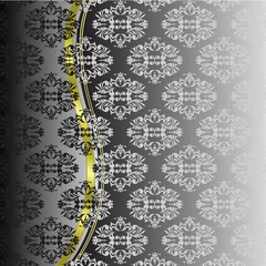 black ornaments and gold ribbon with a gray gradient background