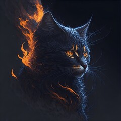 Black cat with beautiful eyes on black background, generative AI