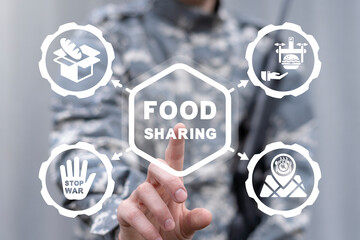 Soldier peacemaker using virtual touchscreen presses inscription: FOOD SHARING. Food sharing military concept. Soldiers charity to share food. Share meal, giving helping hand to poor or refugees.