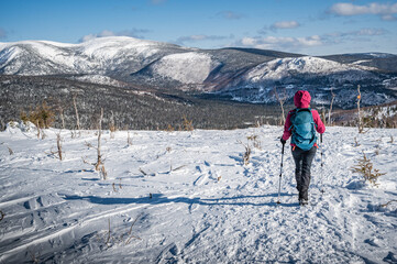 Fototapeta na wymiar Female hiker exploring Gaspesie national park on a wonderful winter day, QC, Canada