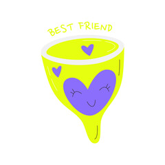 Menstrual cup for menstruation period. Cute concept of reusable vaginal hygiene. Organic hygienic container with saying best friend. Eco sanitary washable device. Hand drawn flat vector illustration