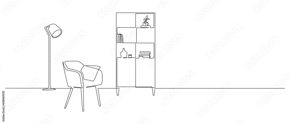 Fototapete Continuous one line drawing of chair and cabinet with floor lamp. Home furniture with modern design in simple linear style. Editable stroke. Doodle vector illustration