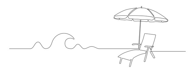 One continuous line drawing of beach umbrella and chair with wave. Concept of summer vacation and travel in paradise island and sea in simple linear style. Editable stroke. Doodle vector illustration