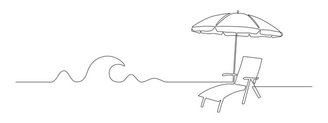 One continuous line drawing of beach umbrella and chair with wave. Concept of summer vacation and travel in paradise island and sea in simple linear style. Editable stroke. Doodle vector illustration