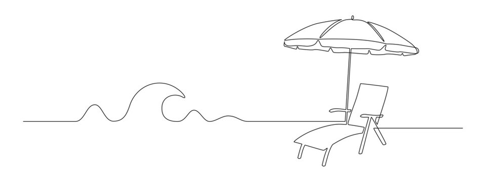 One continuous line drawing of beach umbrella and chair with wave. Concept of summer vacation and travel in paradise island and sea in simple linear style. Editable stroke. Doodle vector illustration