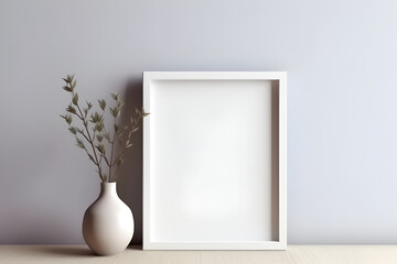 Minimalism white mock up photo frame on the light grey background. Template Generative AI