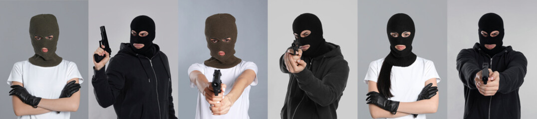 Fototapeta Collage with photos of people in balaclavas on grey background obraz