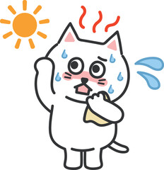 White cartoon cat having a heat stroke, vector illustration.