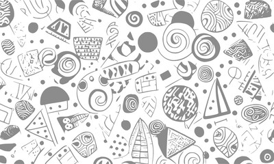 Geometric doodle hand drawn seamless pattern random decorative elements.abstract seam pattern with black and white shapes