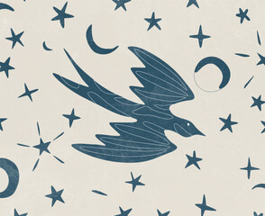 Art background with a bird in the starry sky in beige and blue colors. Hand drawn vector banner for decor, wallpaper, print, textile, poster, fabric, interior design.