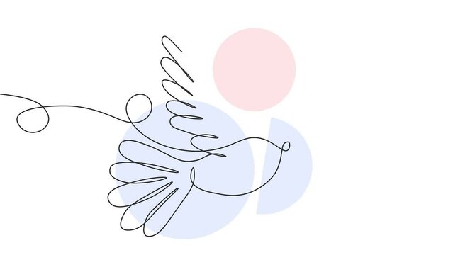 Animation in continuous line style. Minimalistic moving banner with dove holding branch. Symbol of peace, freedom and unity. No war. Linear graphic animated cartoon on white background