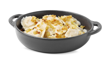 Cooked dumplings (varenyky) with tasty filling and fried onions on white background