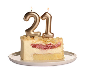 Coming of age party - 21st birthday. Delicious cake with number shaped candles on table against white background