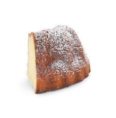 Piece of homemade yogurt cake with powdered sugar on white background