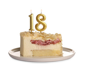 Coming of age party - 18th birthday. Delicious cake with number shaped candles on table against white background