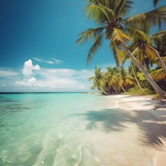 Obraz na płótnie Canvas Sunny tropical Caribbean beach with palm trees and turquoise water, caribbean island vacation, hot summer day