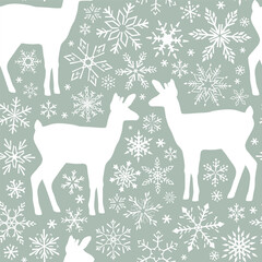 Seamless pattern with silhouettes of deer and snowflakes. Vector illustration.