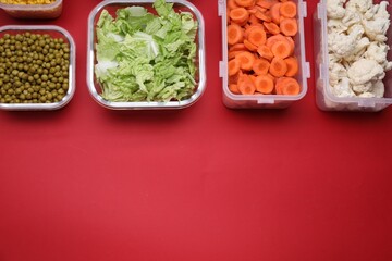 Plastic and glass containers with different fresh products on red background, flat lay. Space for text