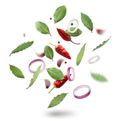 Bay leaves, onion rings, garlic cloves, dry red and black peppers falling on white background