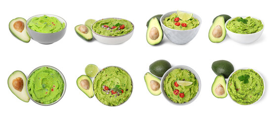 Collage of bowls with tasty guacamole and avocados on white background, top and side views