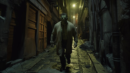 Obraz na płótnie Canvas frankenstein monster walking down a narrow street at night. vintage. classic monster. horror story. AI generated image..
