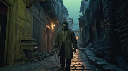 frankenstein monster walking down a narrow street at night. vintage. classic monster. horror story. AI generated image..