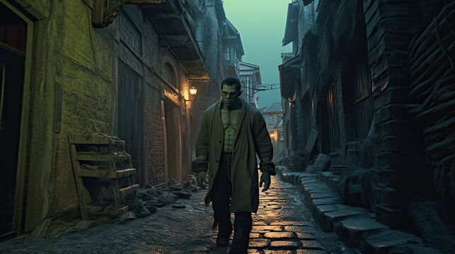 frankenstein monster walking down a narrow street at night. vintage. classic monster. horror story. AI generated image..