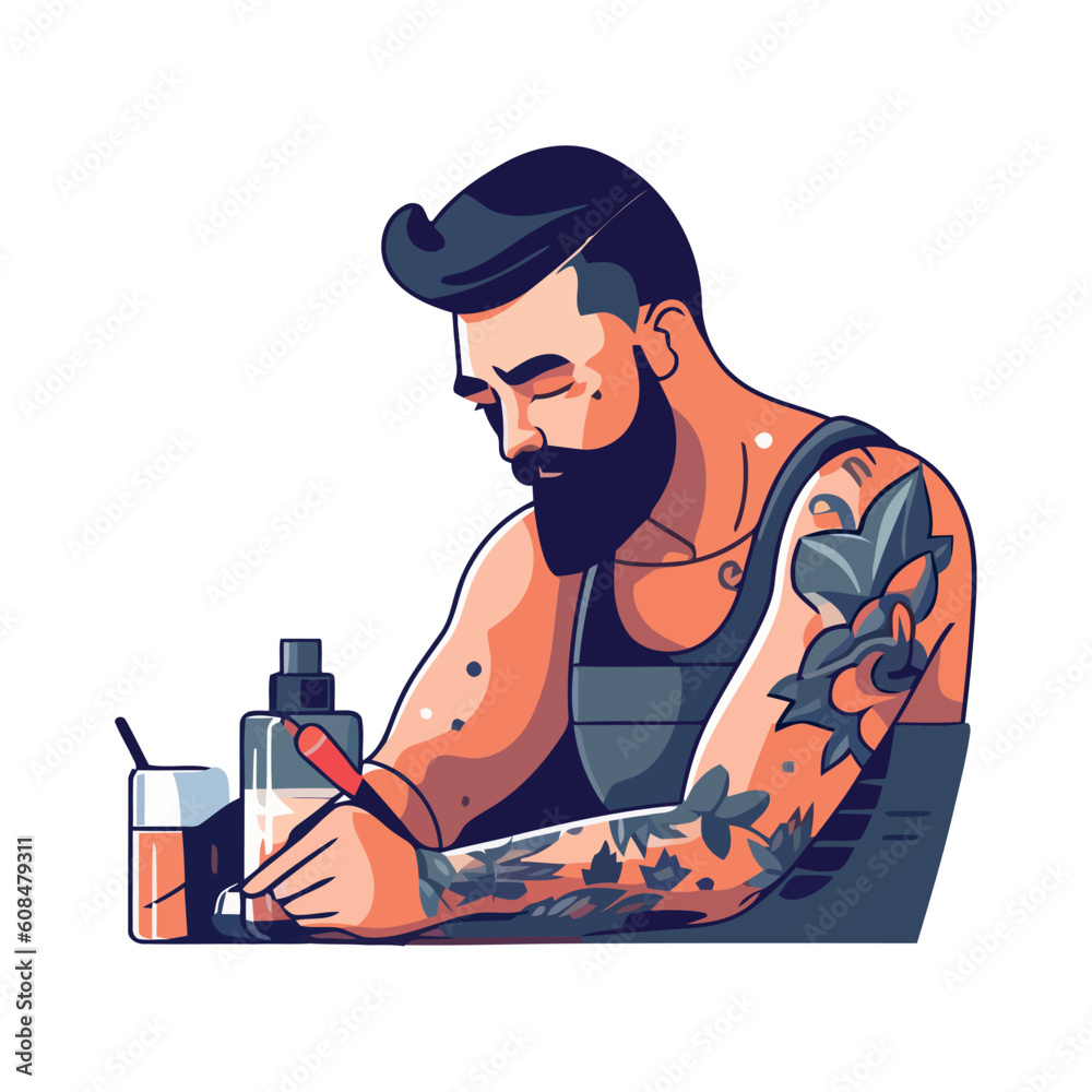 Poster tattooed man sitting, smiling confidently