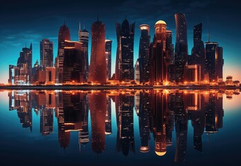 UAE's capitals: the story of the city, in the style of dark sky-blue and dark aquamarine, hallyu, time-lapse photography, chrome reflections, calm waters, uhd image. Generative Ai