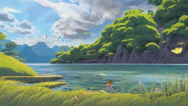 Beautiful fantasy summer natural scenery background animation with Japanese anime watercolor painting illustration style. seamless looping video animated background.