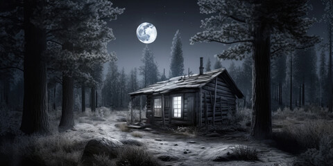 The moon shines down on an old cabin at night
