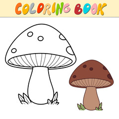 Mushroom coloring book or page for kids. Cute Fungus black and white vector illustration