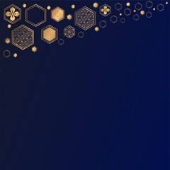 Dark blue square background with frame of golden hexagon elements. Chinese style background. Dark background with copy space.