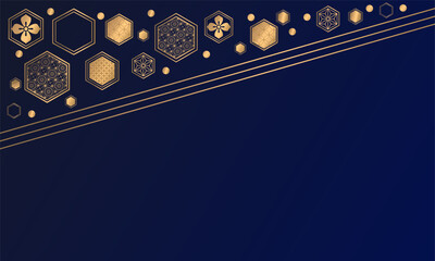 Festive dark blue background with frame of golden hexagon elements. Chinese style background. Dark background with copy space. 