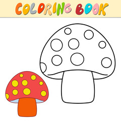 Mushroom coloring book or page for kids. Cute Fungus black and white vector illustration