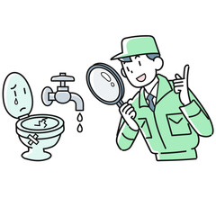 虫メガネを覗き込んで住宅設備を調べている作業着の男性