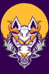 Vector illustration of a white wolf's head with moon baground