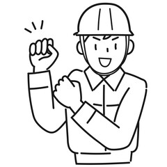 ガッツポーズをする作業服を着た若い男性