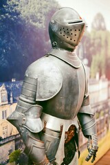 Close up view of rusty medieval European style knight full body chain mail battle armor. No people.