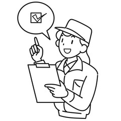 バインダーを片手に指差しをする作業着の女性の上半身