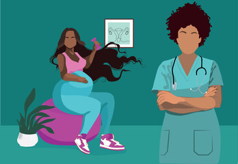 Pregnant woman visits her doctor, she is smiling and happy as everything is okay. Vector illustration