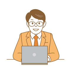 笑顔でパソコンを操作するスーツ男性