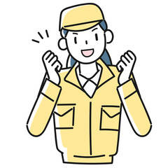 両手でガッツポーズをする作業服を着た若い女性