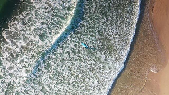 Aerial top down view over a surfer making their way though the waves, heading into the ocean. Gold Coast, Australia